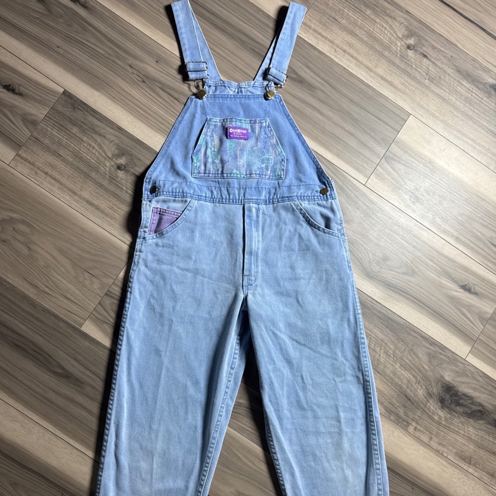 Vintage OshKosh Bgosh Girls Denim Overalls Light Wash Purple Accents Size 12